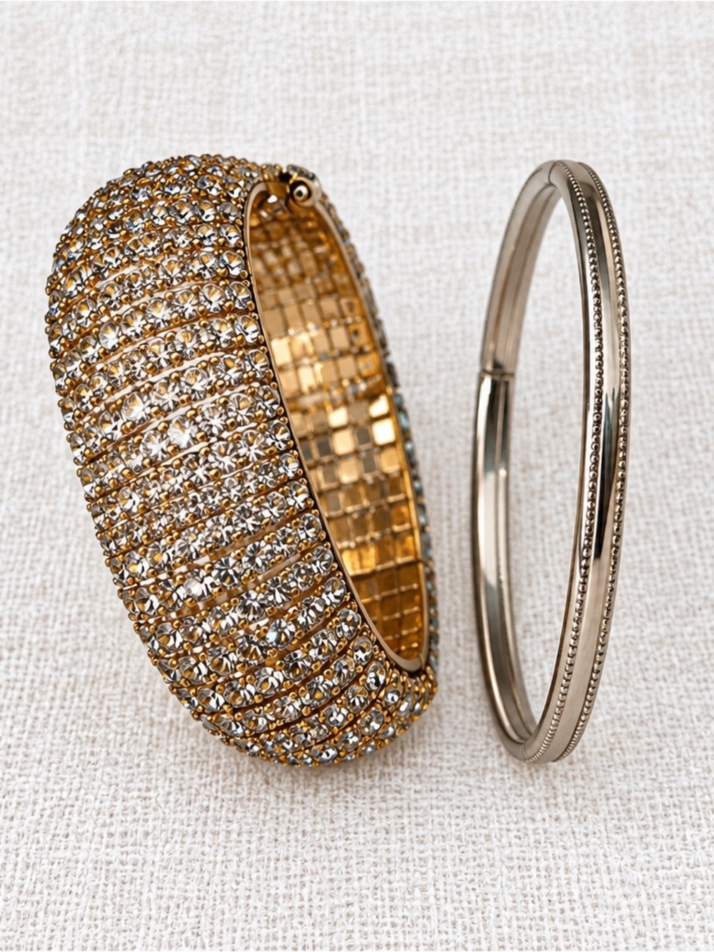 Gold Tone Pavé Rhinestone Statement Bangle & Silver Tone Bracelet Set